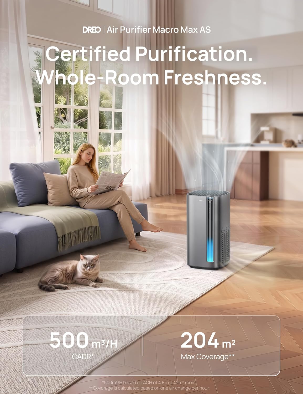 Smart Air Purifier for Homes with Pets, 19dB Quiet Sleep Mode, Washable Pre-filter, Large Rooms up to 204 m² Coverage at 1 ACH, Cleaner & Frenshener, PM2.5 Sensor, WiFi, Alexa, Hair, Dust, Odours Silver