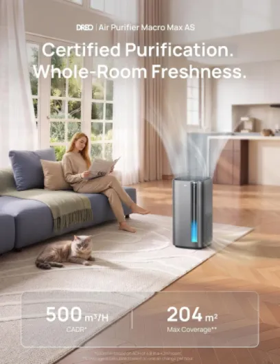 Smart Air Purifier for Homes with Pets, 19dB Quiet Sleep Mode, Washable Pre-filter, Large Rooms up to 204 m² Coverage at 1 ACH, Cleaner & Frenshener, PM2.5 Sensor, WiFi, Alexa, Hair, Dust, Odours Silver