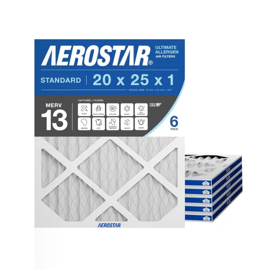 20x25x1 MERV 13 - 6 Count - Pleated HVAC, Furnace & Air Conditioner Filters - Removes Bacteria, Dust, Cold & Flu Germs, Lint, Mold, Pet Dander, Allergy-Causing Pollen, Smog, Smoke & Viruses 6 PACK MERV 13 Pro