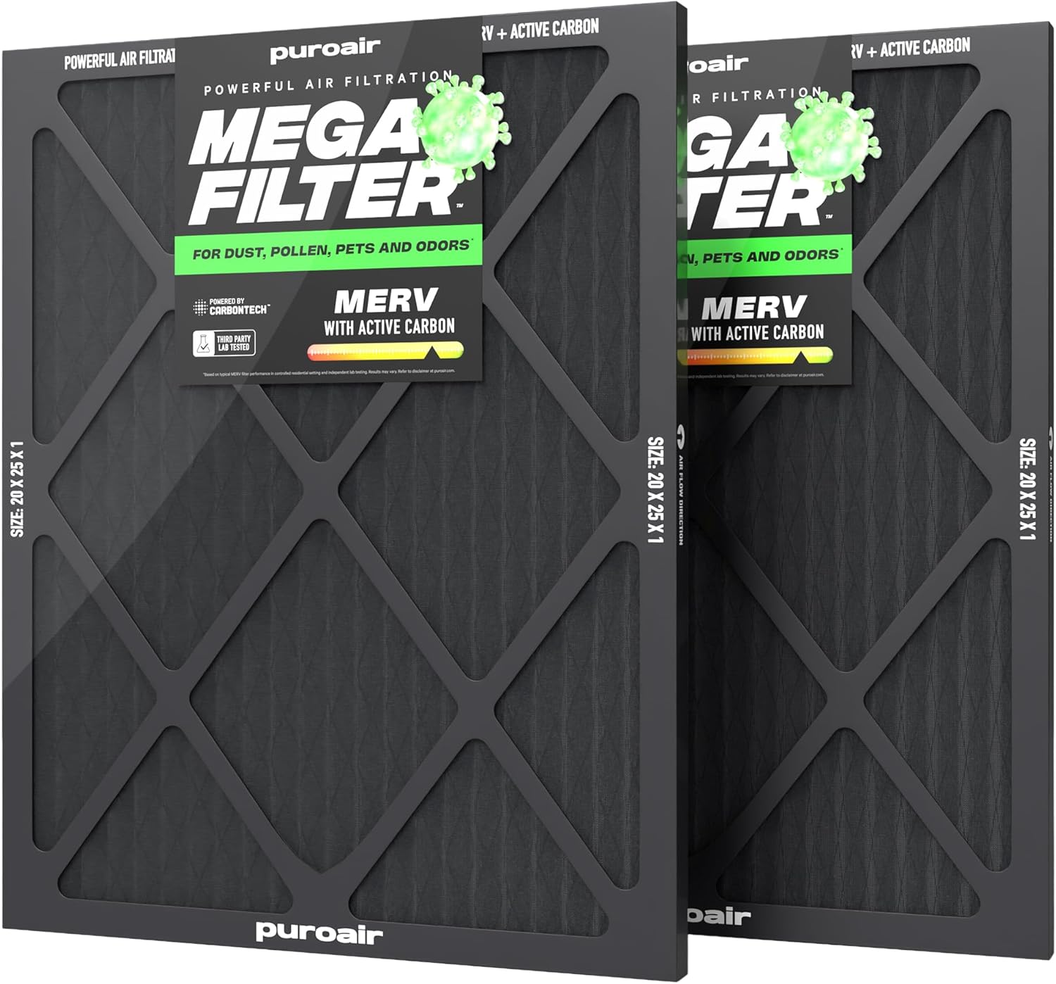 Mega Filter - MERV 13 20x25x1 Air Filters For Home With Activated Carbon - Filters Allergens, Pet Dander, Smoke, Dust - Furnace and AC Filters - Air Filters 20x25x1 MERV 13 (2 Pack) 20x25x1 2 Pack