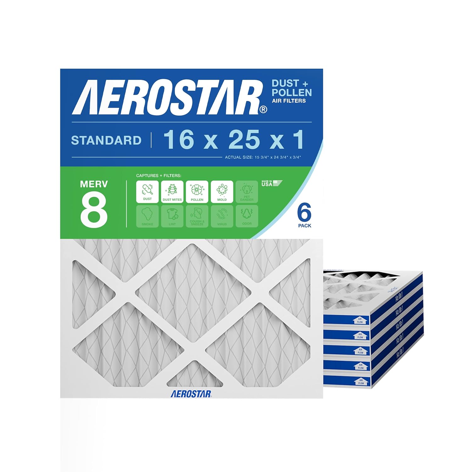 16x25x1 MERV 8 - 6 Count - High Efficiency Pleated HVAC, Furnace & Air Conditioner Filters - Removes Dust, Lint, Mold & Allergy-Causing Pollen 6 PACK MERV 8 Standard