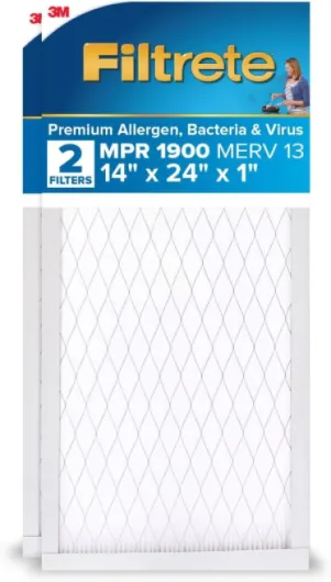 14x24x1 AC Furnace Air Filter, MERV 13, MPR 1900, Premium Allergen, Bacteria & Virus Filter, 3-Month Pleated 1-Inch Electrostatic Air Cleaning Filter, 2-Pack (Actual Size 13.81x23.81x0.78 in)