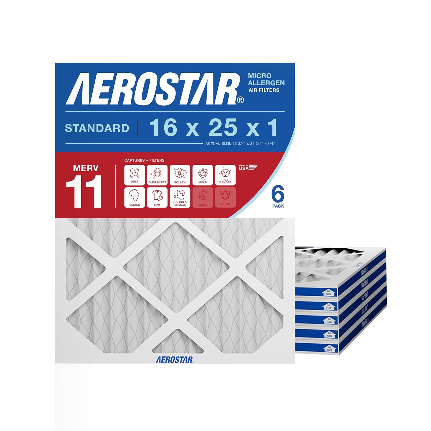 16x25x1 MERV 11 Air Filter, 6 Count, ACTUAL SIZE (15.75 x 24.75 x 0.75), HVAC, Air Conditioning & Furnace Filter for Dust, Pet Dander, Smoke & Allergies (MPR 1200 / FPR 7), Made in USA 6 PACK MERV 11 Advanced