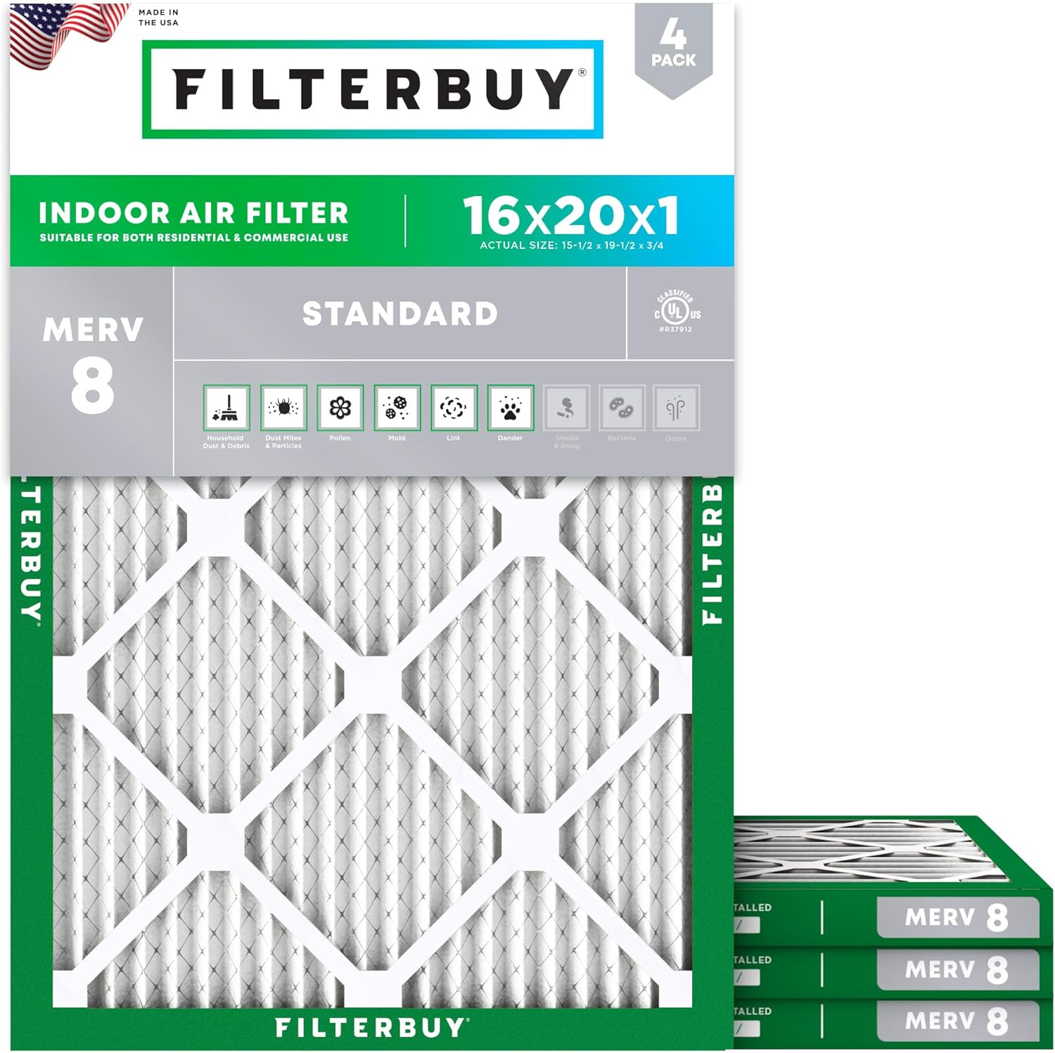 16x20x1 Air Filter MERV 8 Essential Dust & Allergy Defense (4-Pack), Electrostatic Pleated HVAC AC Furnace Filters Replacement, Made in USA (Actual Size: 15.50 x 19.50 x 0.75)