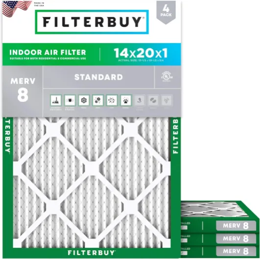 14x20x1 Air Filter MERV 8 Essential Dust & Allergy Defense (4-Pack), Electrostatic Pleated HVAC AC Furnace Filters Replacement, Made in USA (Actual Size: 13.50 x 19.50 x 0.75)