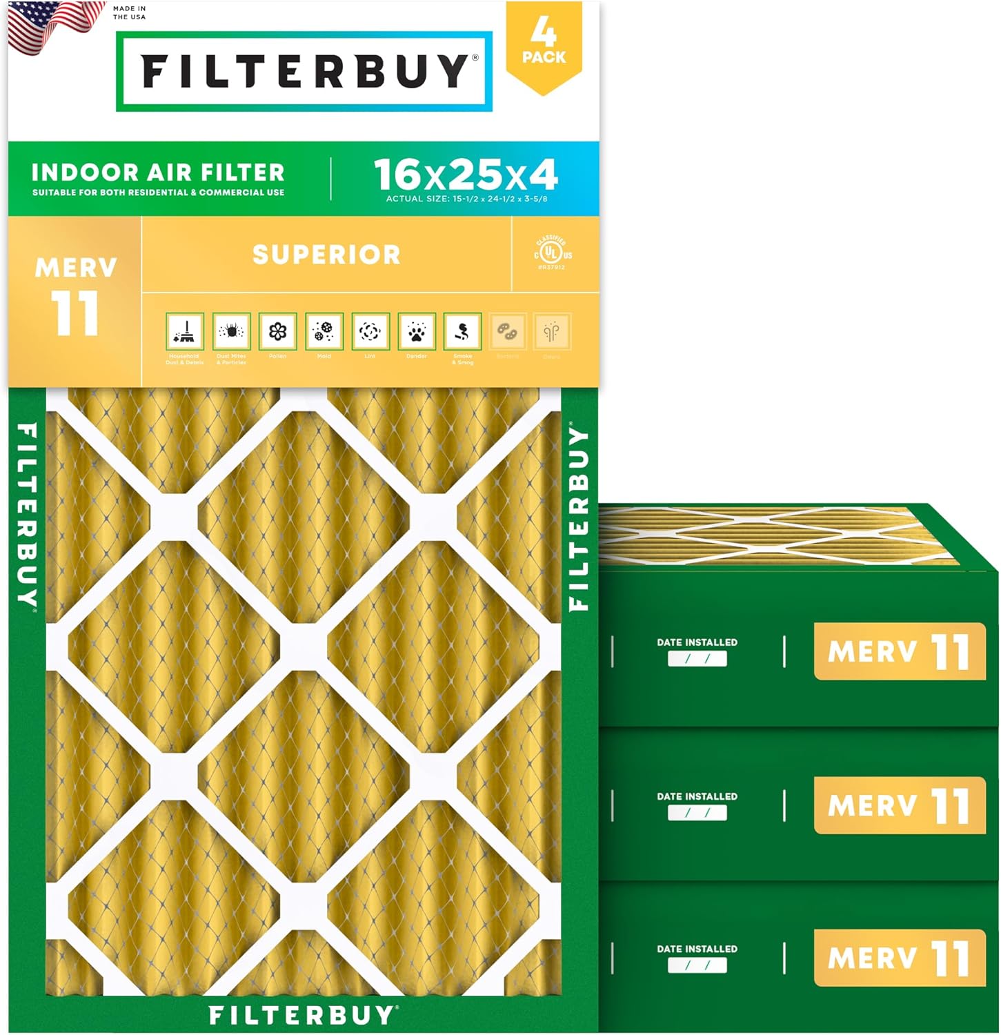 16x25x4 Air Filter MERV 11 Superior Pet & Allergy Defense (4-Pack), Electrostatic Pleated HVAC AC Furnace Filters Replacement, Made in USA (Actual Size: 15.50 x 24.50 x 3.63)