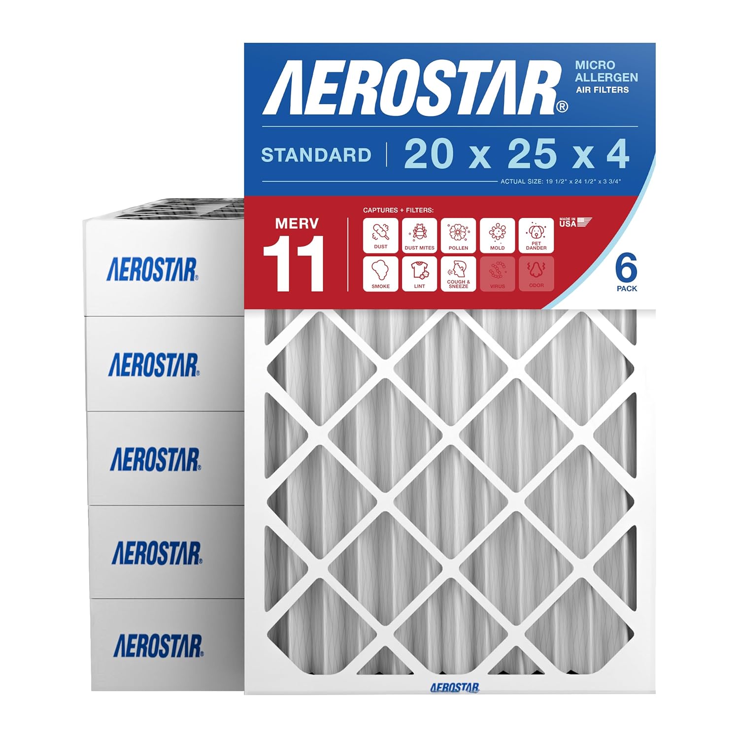 20x25x4 MERV 11 Air Filter, 6 Count, Actual Size (19.50 x 24.50 x 3.75) HVAC, Furnace Filter for Dust, Pet Dander, Smoke & Allergies (MPR 1200 / FPR 7) Fits Lennox & Honeywell Devices 6 PACK Advanced MERV 11