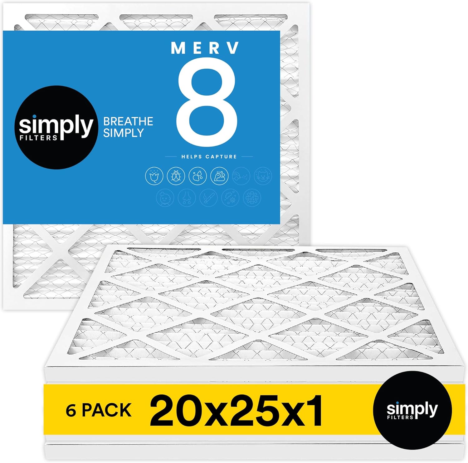 20x25x1 Air Filter, Merv 8, 6 Pack, For Home AC Furnace & HVAC (Actual Size: 19.75"x24.75"x0.75") DUST, Pet, & Allergy Control