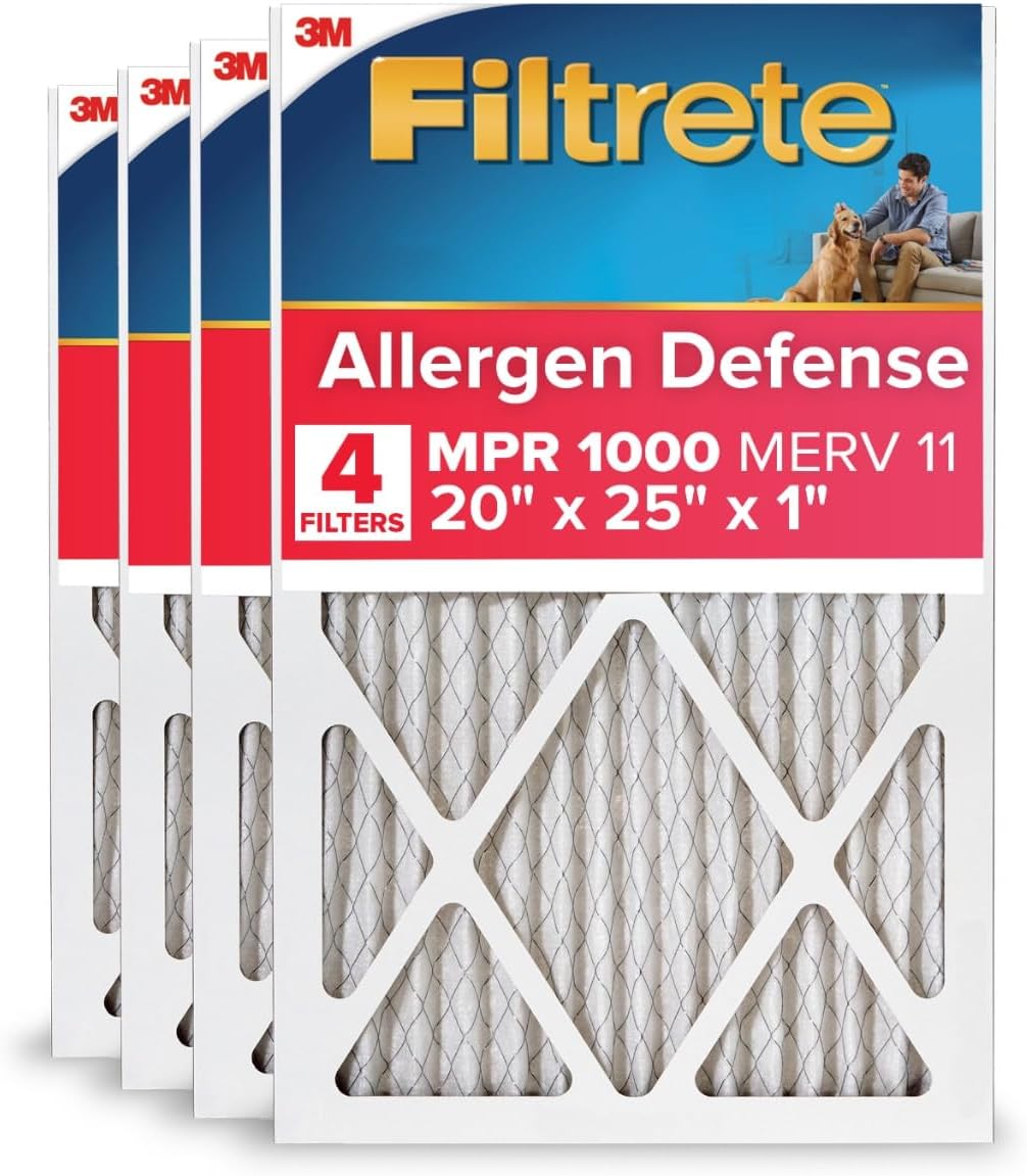 20x25x1 AC Furnace Air Filter, MERV 11, MPR 1000, Micro Allergen Defense, 3-Month Pleated 1-Inch Electrostatic Air Cleaning Filter, 4 Pack (Actual Size 19.69 x 24.69 x 0.81 in)