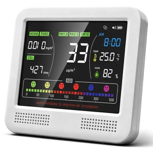 16in1 Air Quality Monitor Indoor 5" Display 9 AQI+7 AQI Alerts Air Quality Meter for CO2, TVOC, PM2.5 PM1.0 PM10, HCHO, Temperature Humidity AQI&Time, Air Detector Air Quality Tester for Home White