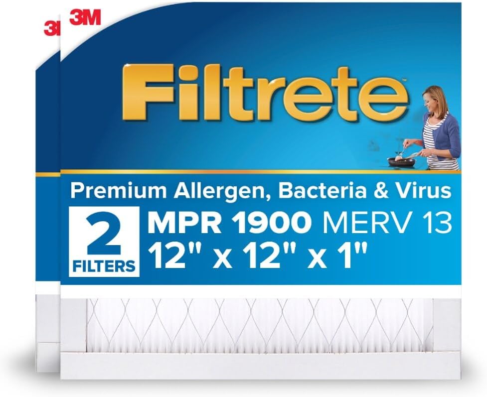 12x12x1 AC Furnace Air Filter, MERV 13, MPR 1900, Premium Allergen, Bacteria & Virus Filter, 3-Month Pleated 1-Inch Electrostatic Air Cleaning Filter, 2-Pack (Actual Size 11.81x11.81x0.78 in)