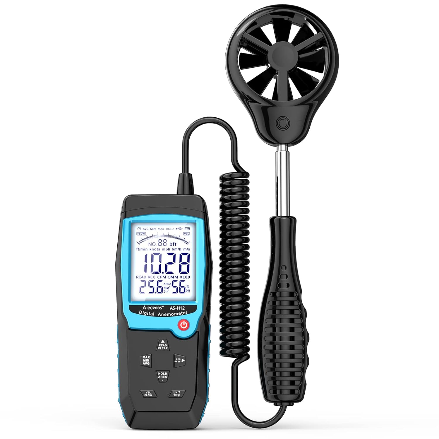H12 Digital Anemometer Handheld Wind Speed Meter with Extended Wind Sensor, Measures Wind Speed Wind Flow Temperature and Humidity CFM Air Flow Velocity Meter with Big Backlit Screen