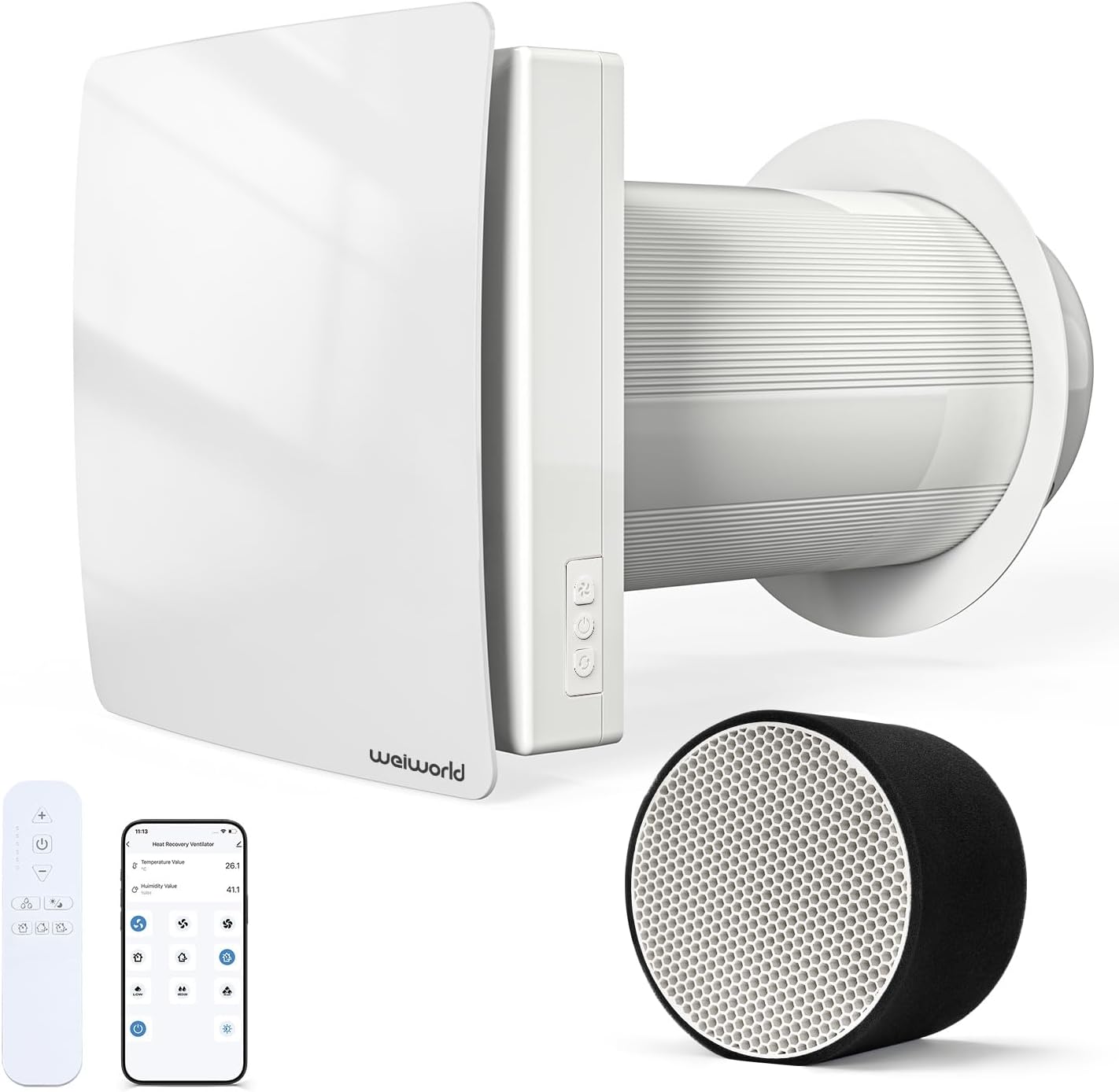 Heat Recovery Ventilator with Ceramic Heat Exchanger, Wall-Mounted Fresh Air System with WiFi/Remote Control for Home, Attic, Garage – Supply, Exhaust & Recirculation Ventilation Fan