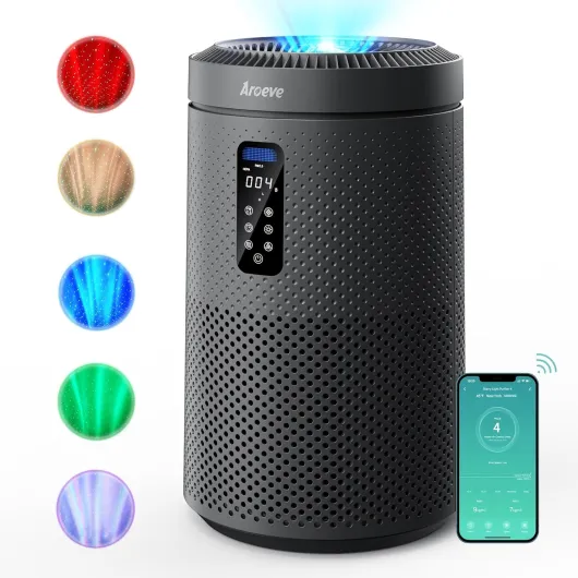 Air Purifier for Large Rooms up to 1,782 Sq - Ft - with Star Projector, Smart WiFi, Air Quality Sensor, UV Function, and Washable Filter for Whole Home Use for a Cozy Holiday, MK09W Black Space Grey Large