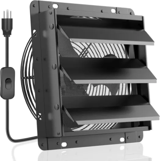 Upgraded 10 Inch Shutter Exhaust Fan, 647CFM Quiet Garage Exhaust Fan with 8 Foot Long ON/OFF Switch Cable for Chicken Coop, Shed, Basement, Gable, Kitchen, Attic Ventilation Use, Black 10 inch with Switch AC Motor