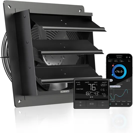 AIRLIFT T10, Shutter Exhaust Fan 10" with WiFi Temperature Humidity Controller, EC-Motor Wall Mount Ventilation and Cooling for Sheds, Attics, Workshops, and Greenhouses 10-Inch, Smart Controller