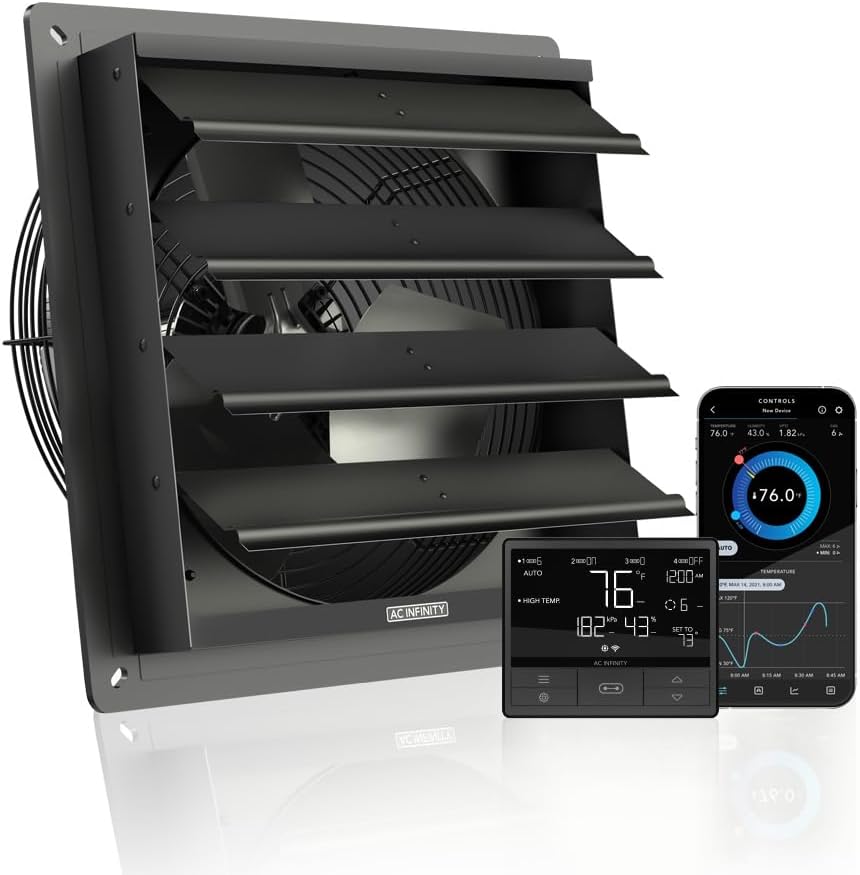 AIRLIFT T12, Shutter Exhaust Fan 12" with WiFi Temperature Humidity Controller, EC-Motor Wall Mount Ventilation and Cooling for Sheds, Attics, Workshops, and Greenhouses 12-Inch, Smart Controller