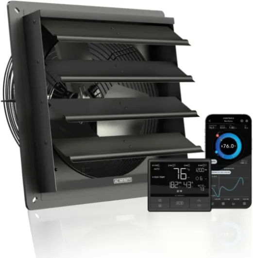 AIRLIFT T12, Shutter Exhaust Fan 12" with WiFi Temperature Humidity Controller, EC-Motor Wall Mount Ventilation and Cooling for Sheds, Attics, Workshops, and Greenhouses 12-Inch, Smart Controller