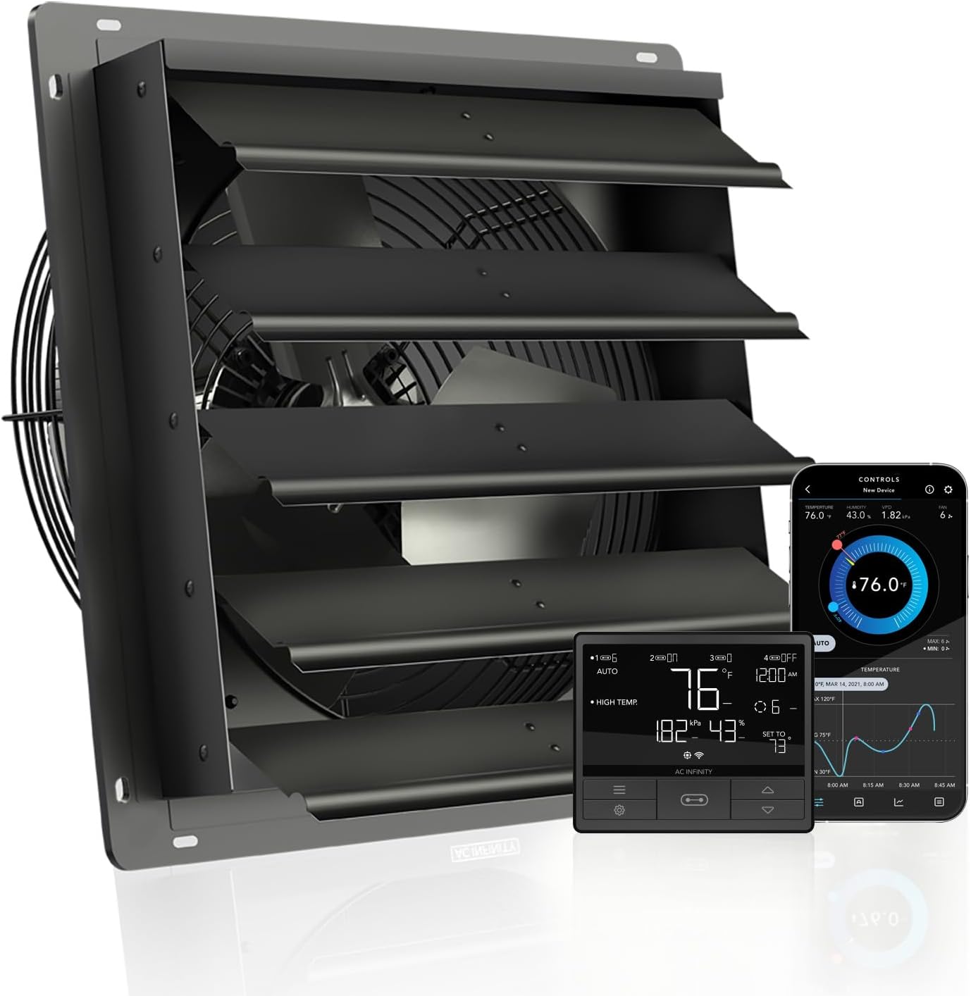 AIRLIFT T16, Shutter Exhaust Fan 16" with WiFi Temperature Humidity Controller, EC-Motor Wall Mount Ventilation and Cooling for Sheds, Attics, Workshops, and Greenhouses 16-Inch, Smart Controller