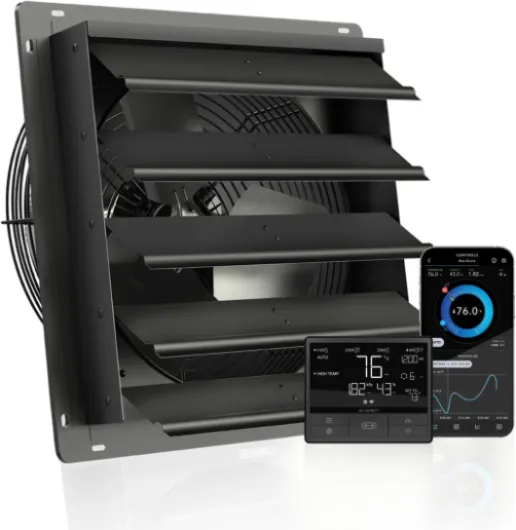 AIRLIFT T16, Shutter Exhaust Fan 16" with WiFi Temperature Humidity Controller, EC-Motor Wall Mount Ventilation and Cooling for Sheds, Attics, Workshops, and Greenhouses 16-Inch, Smart Controller