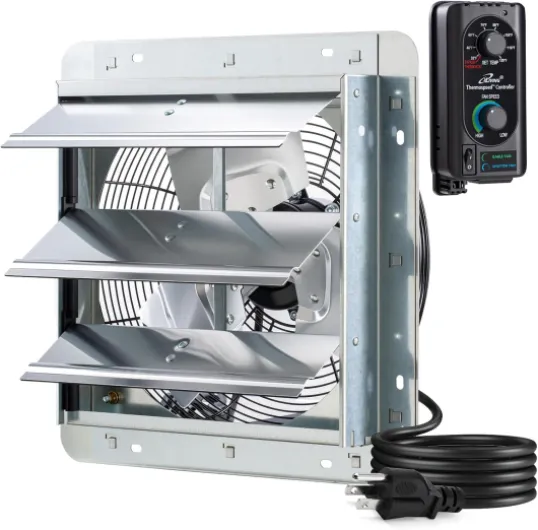 12" Wall Mounted Shutter Exhaust Fan, Automatic Shutter, with Thermostat and Variable Speed controller, 0.6A, 960 CFM, 1400 SQF Coverage Area Silver (ILG8SF12V-ST) Plugin Thermostat & Speed Controller