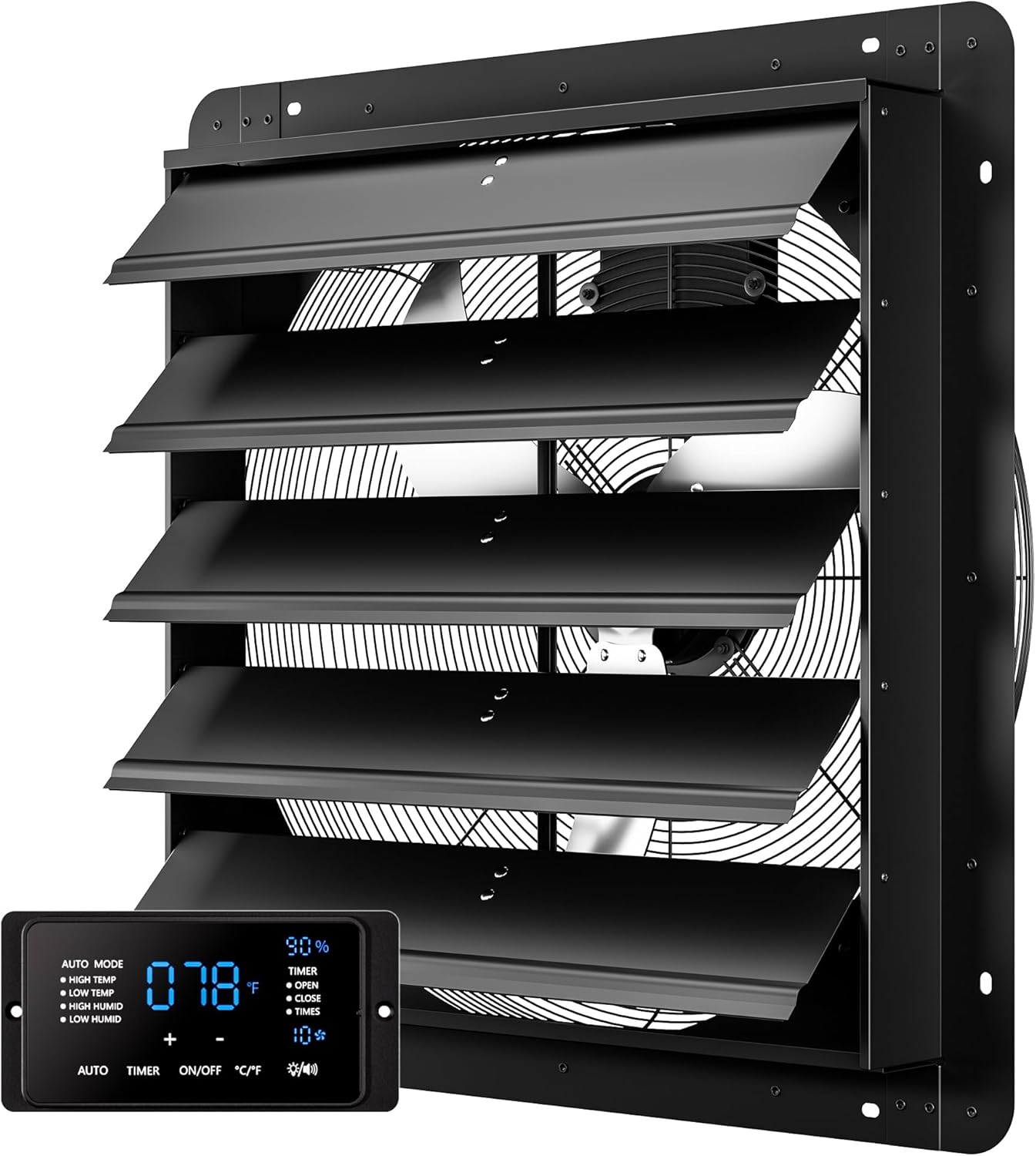 24 Inch EC Motor Shutter Exhaust Fan, 6 Inch Large Touchscreen Controller for Temp Humidity and Speed Control, 10-Speed Wall Mount Fan for Attic, Greenhouse, Garage, Chicken Coop Ventilation