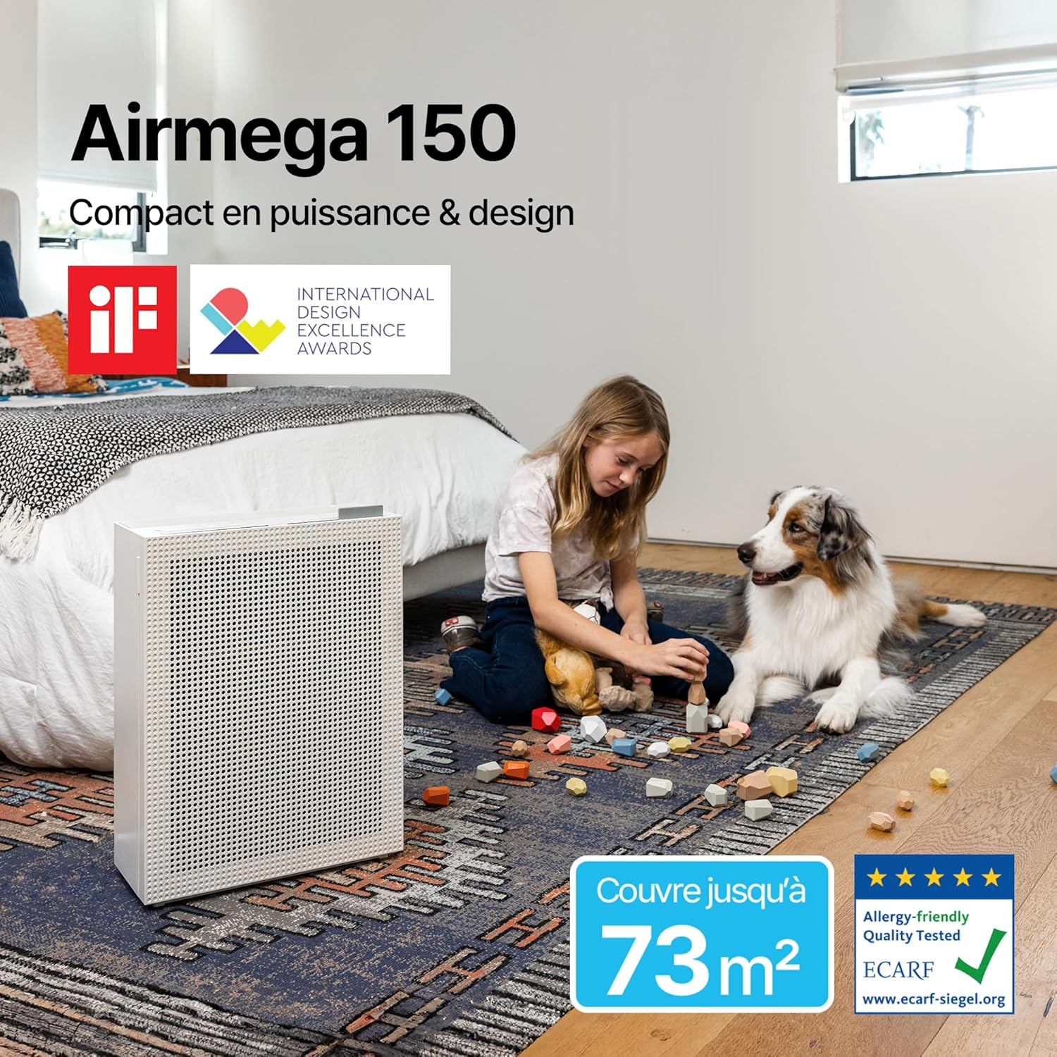 COWAY Purificateur d'air Maison, Certifié Quietmark, Mode Veille 20db, Elimine jusqu'à 99,999% Particules Nocives jusqu'à 0,01 µm pour Allergies (Certifié ECARF), Fumée, Pollen - AIRMEGA 150 (Blanc) Dove White