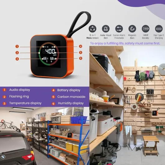 Portable Carbon Monoxide Detector for Travel – Nexus Sensus 3-in-1 CO Detector with Temp & Humidity Monitor, UL-Compliant USB-C Rechargeable Alarm for RV, Hotel, Camping, Home(1, Orange) Orange 1