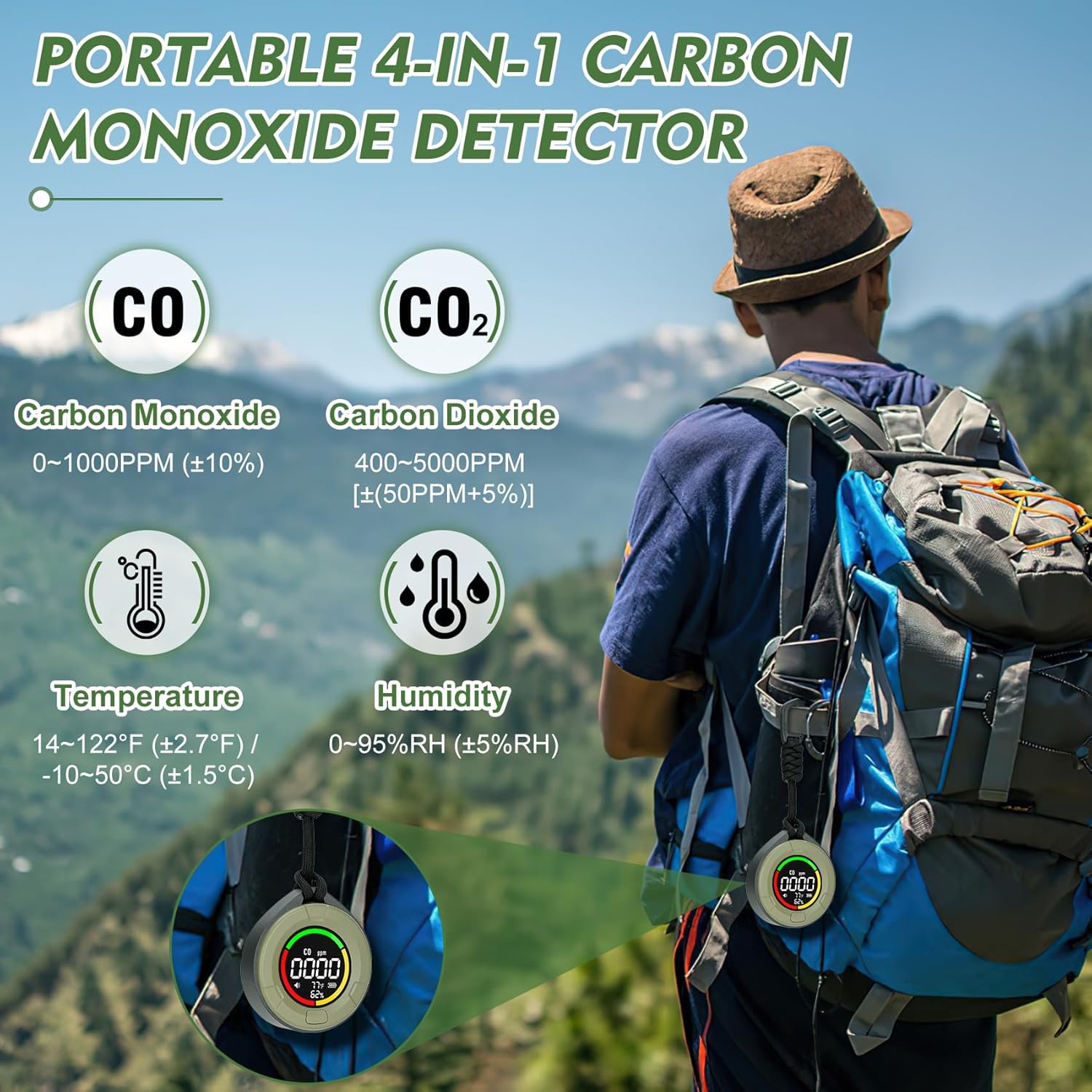 Portable CO ＆ CO2 Detectors for Travel, 4-in-1 Carbon Monoxide and Carbon Dioxide Monitor with Magnetic Suction, Rechargeable CO CO2 Alarm Temp/Humidity Sensor,120-140HR Standby for Home/RV Portable 4-in-1 CO ＆ CO2 Detector