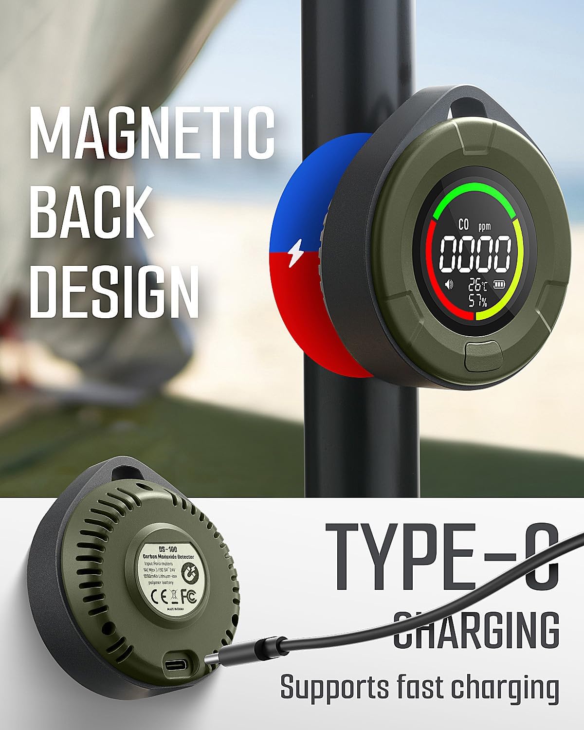 DS-100 Portable Carbon Monoxide Detector for Travel, 140H Standby, CO Detector with Magnetic Back, 3-in-1 CO Monitor with Audible & Visual Alarm for Camping, Hotel, Car & RV 3in1 CO Detector