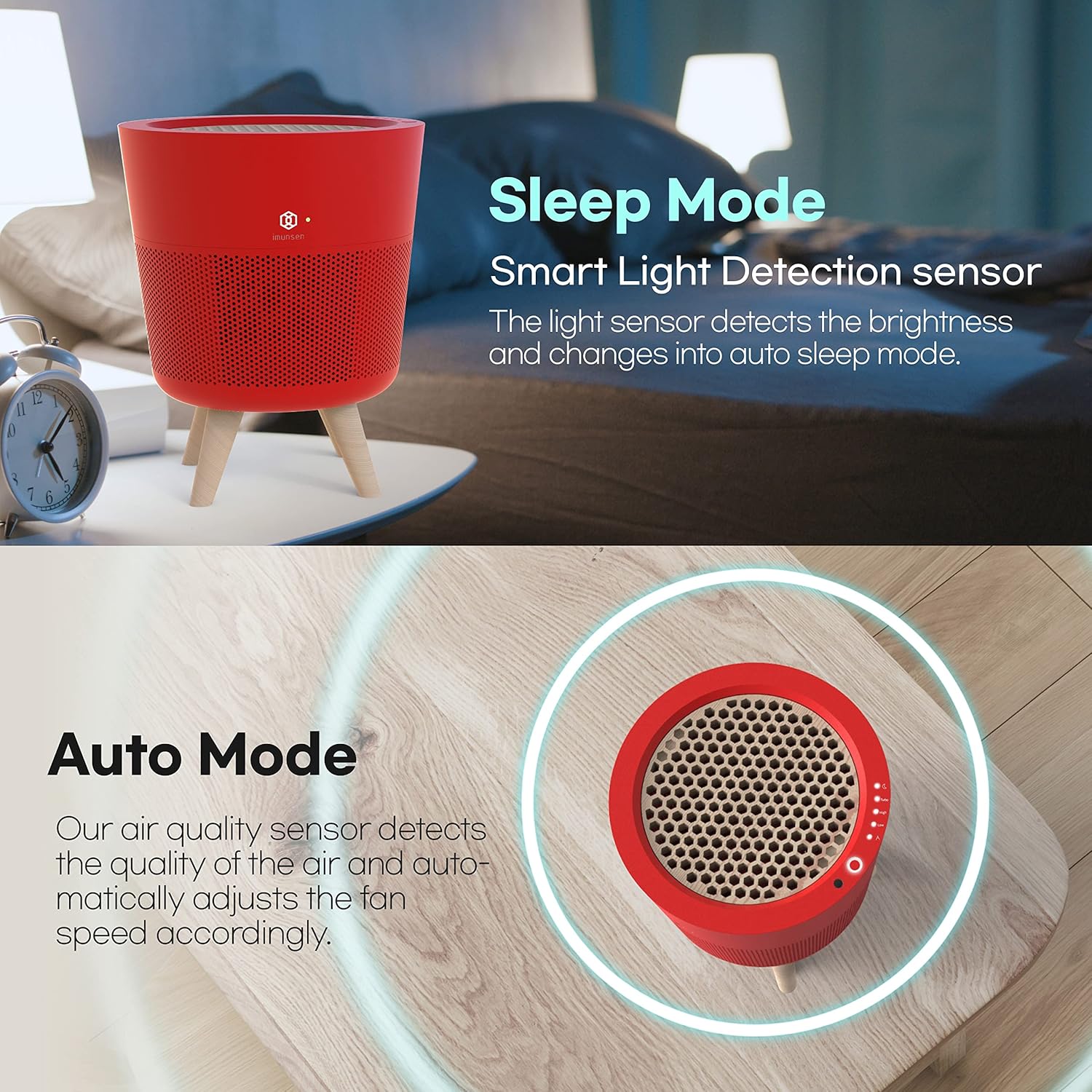M-002R Air Purifier with Cypress Wood Filter, H13 True HEPA Filter, 100% Ozone Free, Auto Sleep Mode, Filters allergens, Pollen, Smoke, Perfect for Office and Bedroom, Made in Korea - Red