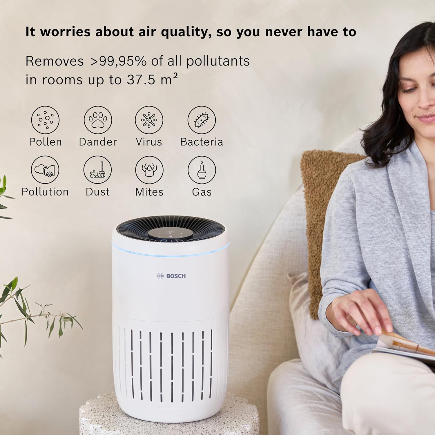 Bosch Air 2000 Air Purifier - Removes Pollutants, Includes Air Filter and Sleep Mode (< 25 dB(A)) - For Areas up to 37.5 m²- With Smart Sensor & Auto Mode - CADR: 180 m³/h