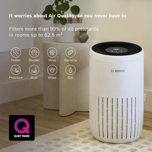 Bosch Air 4000 Air Purifier - Removes Pollutants, Includes Air Filter and Sleep Mode (< 25 dB(A)) - For Areas up to 62.5 m² - With Auto Mode - CADR: 300 m³/h
