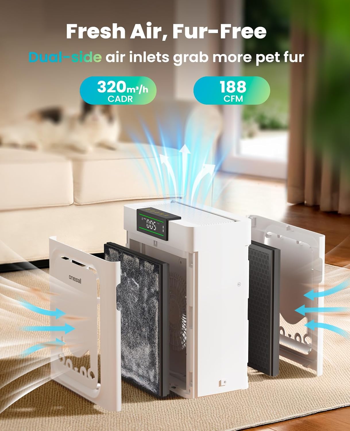 Air Purifiers for Home Pets,Large Room Up To 2200Ft², CADR 320 m³/h, Washable Double-Sided Filter,Quite Pet Air Purifier Remove Pet Hairs,Dander Odor,Smoke Dust,PP02 White
