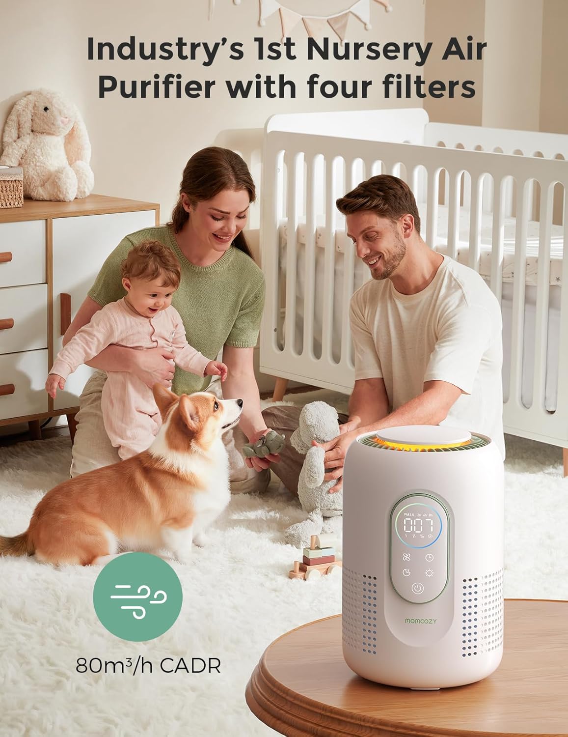 Nursery Air Purifier, 4-Filter System with H13 HEPA & Carbon, Real-Time PM2.5 Air Quality Monitor & Display with 3-Color Status, Baby Air Purifier with 21 dB Sleep Mode, Dimmable Night Light