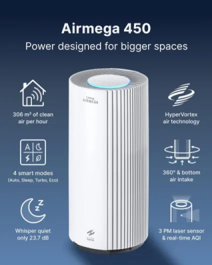 Air Purifier for Large Rooms, CADR 734m³/h, Cleans 304m² in 1 Hour, HEPA Filter for Smoke, Allergies, Pet Dander, Odours, PM1/2.5/10 AQI Display, Energy Saving Mode, AIRMEGA 450 White